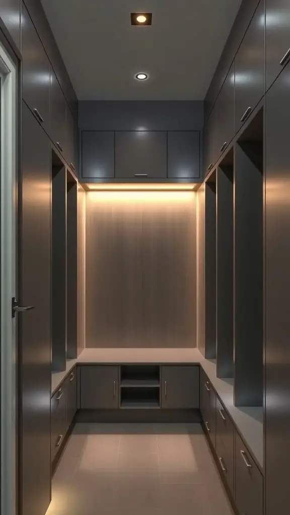 A modern mudroom with lockers featuring integrated lighting