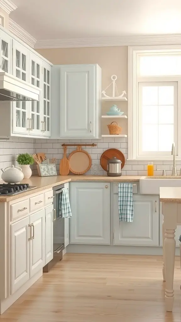 A cozy kitchen featuring beige cabinets, light blue accents, and natural wood elements, evoking a beach-inspired aesthetic.