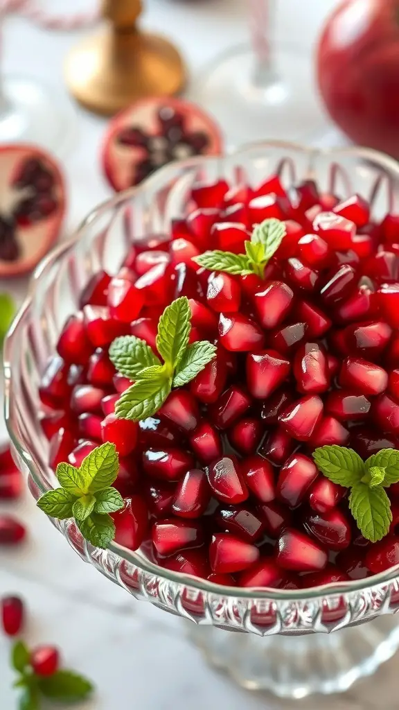 A vibrant bowl of pomegranate seeds garnished with fresh mint leaves.