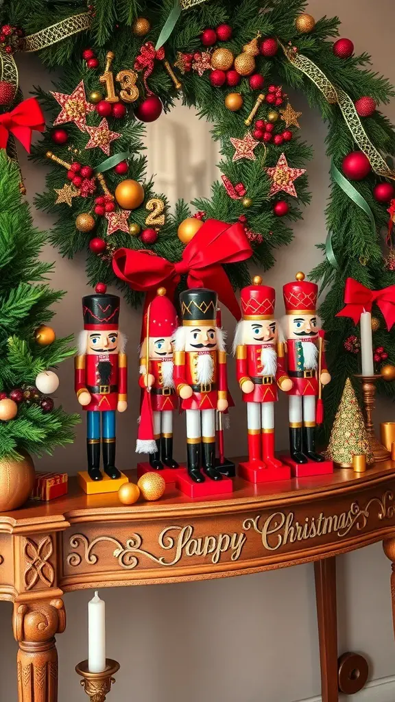 29+ Stunning Christmas Console Table Decor Ideas 13 A festive console table decorated with a nutcracker collection, a green wreath, and holiday ornaments.