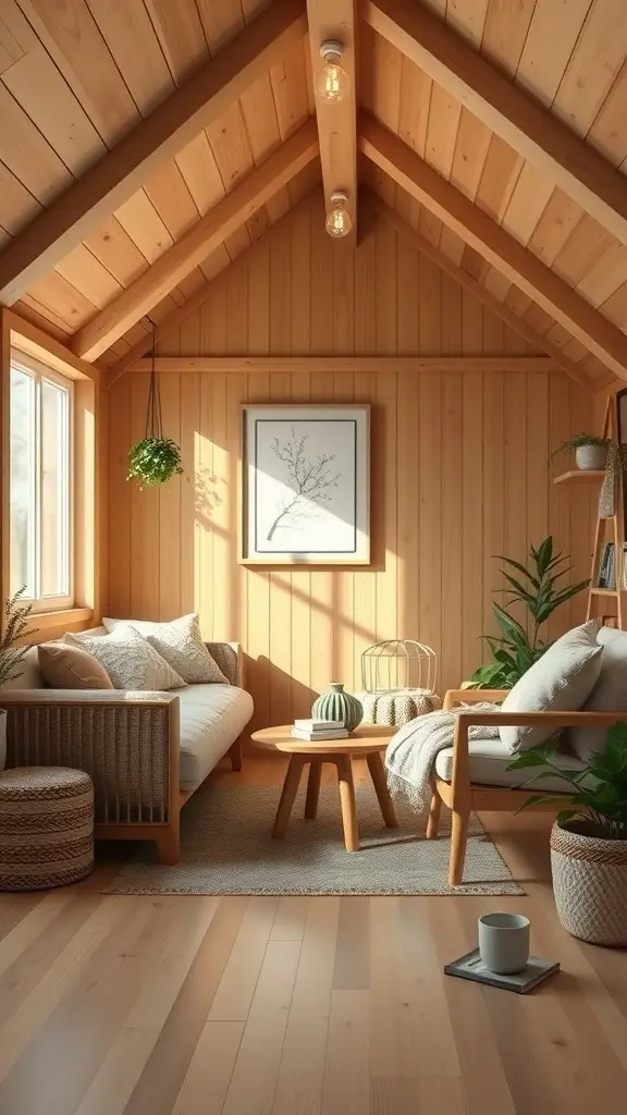 Interior of a cozy tiny cabin with wooden walls, a sofa, coffee table, and plants.