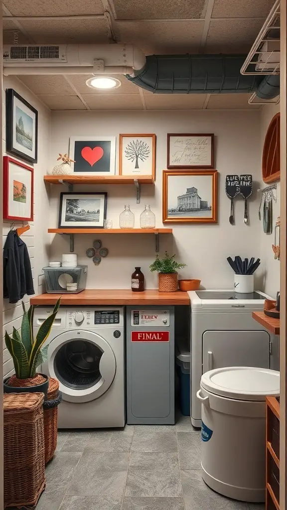 A cozy basement laundry room with personalized decor including framed artwork, shelves, and plants.