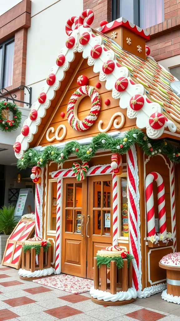 31+ Stunning Storefront Christmas Displays to Get You in the Holiday Spirit 6 A colorful gingerbread house decorated with candy canes and wreaths, showcasing a festive holiday display.