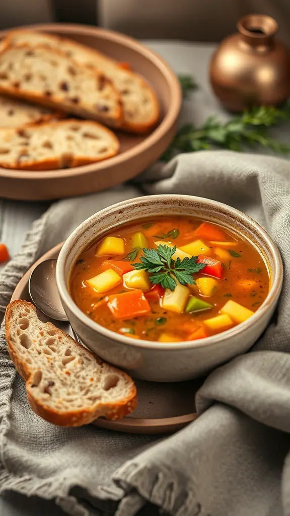 A bowl of winter vegetable soup with colorful vegetables and a slice of bread on the side.