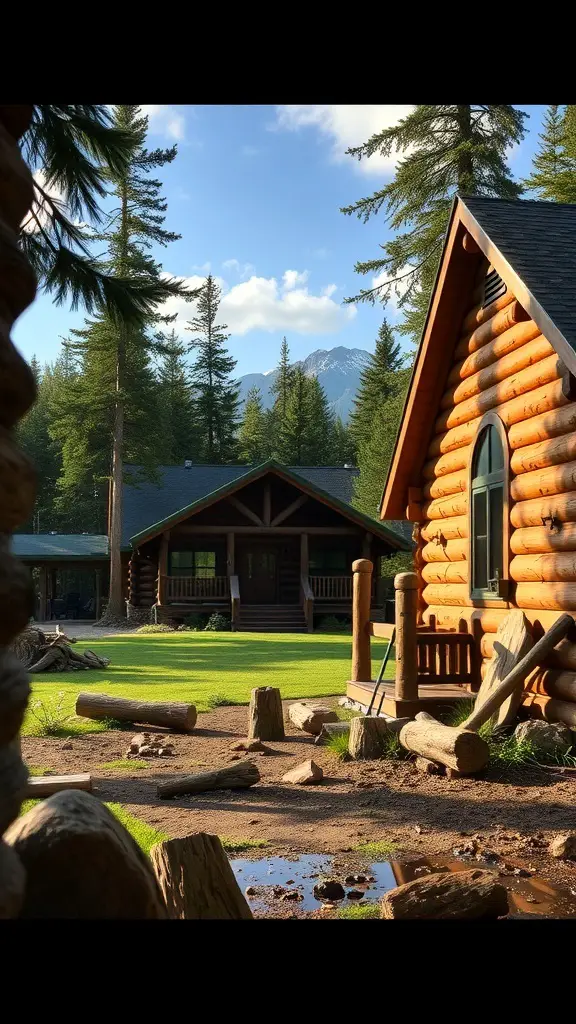 A scenic view of Ralph Lauren cabin surrounded by trees and mountains.