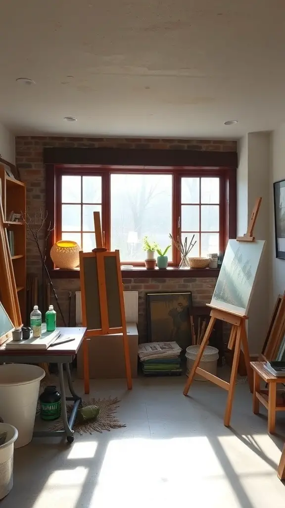 Bright basement art studio with easels and natural light