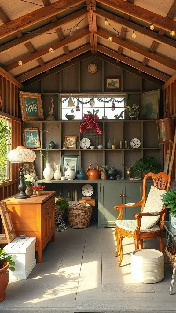 Interior of a vintage-decorated shed with wooden beams, shelves filled with decor, and cozy furniture.