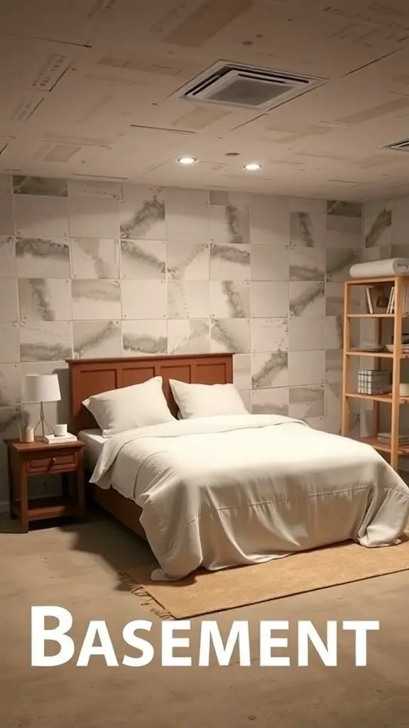 25+ Budget-Friendly Unfinished Basement Ideas to Transform Your Space 10 Cozy basement guest room with a bed, bedside table, and shelf.