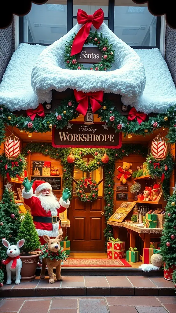 31+ Stunning Storefront Christmas Displays to Get You in the Holiday Spirit 9 A festive Santa's Workshop display with Santa Claus, a dog, and a bunny, surrounded by Christmas decorations and gifts.