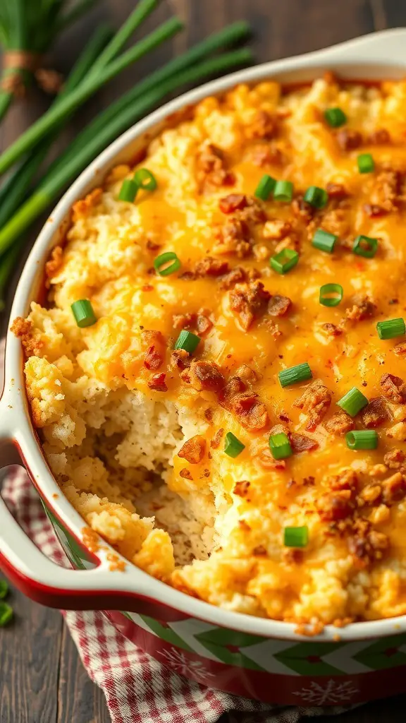 A delicious Cheesy Hash Brown Casserole topped with green onions and crispy bits, served in a festive dish.