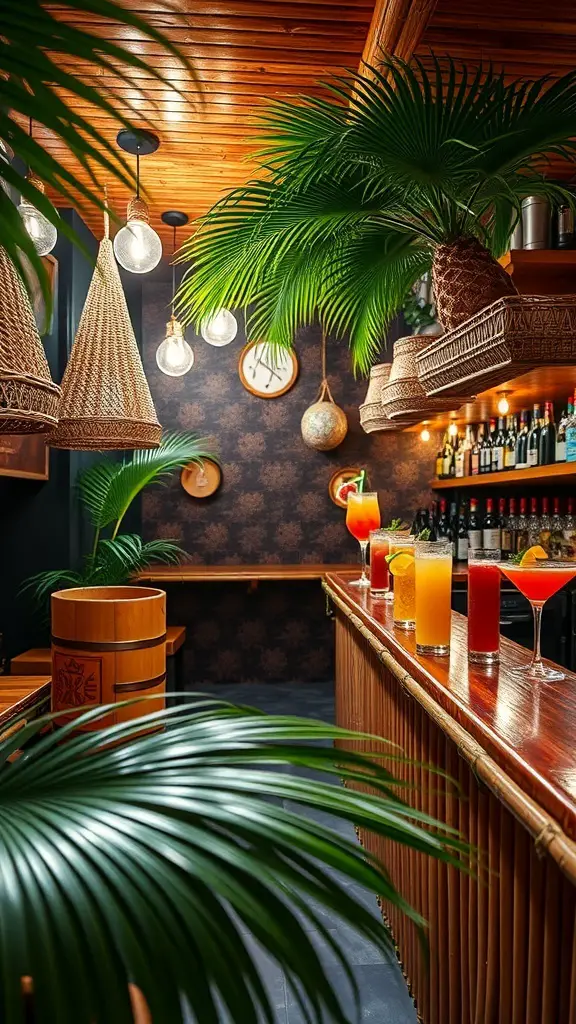 A tropical-themed basement bar with hanging lights, greenery, and colorful cocktails.