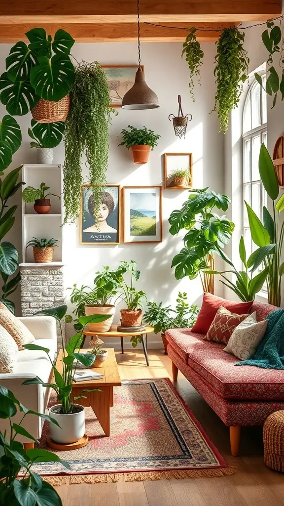 A boho living room filled with various indoor plants, showcasing a cozy and inviting atmosphere.