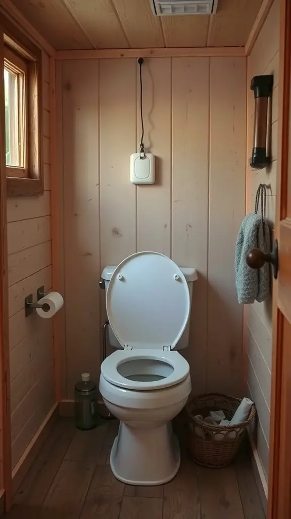 27+ Stunning Off-Grid Cabin Ideas for Your Dream Retreat 10 Interior view of a small bathroom with a toilet, wooden walls, and natural light.