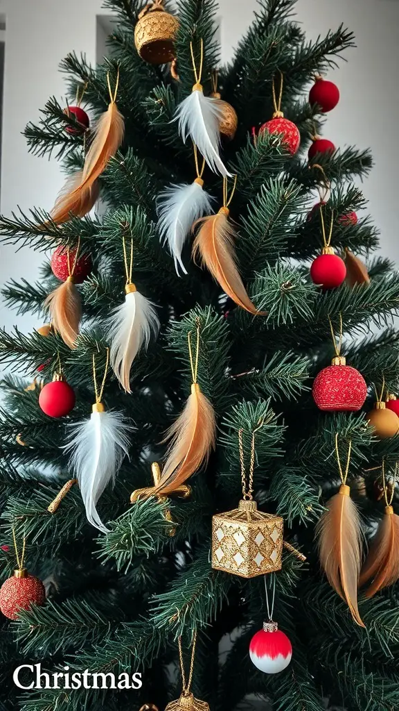 A Christmas tree decorated with feathers and colorful ornaments.