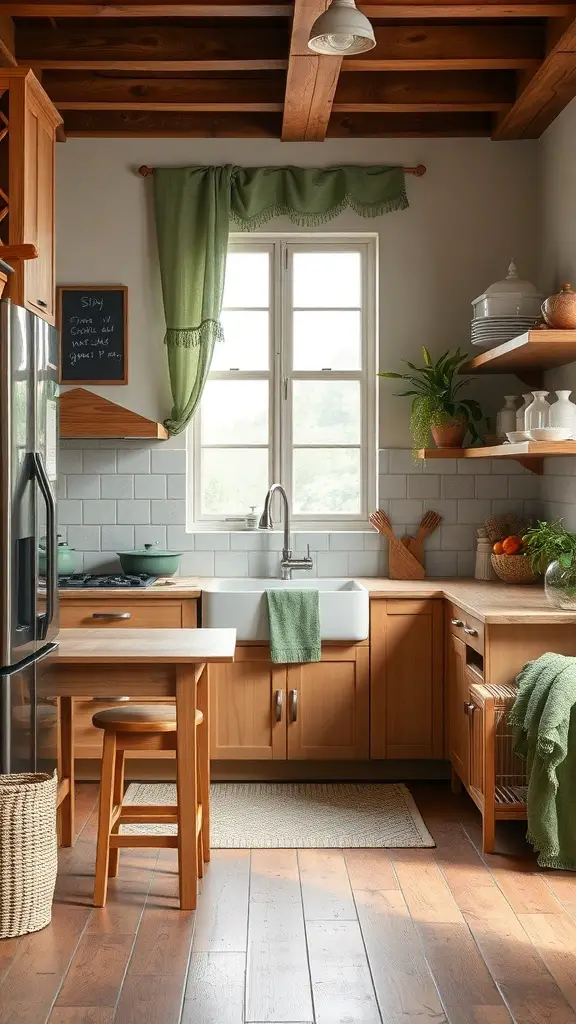 A cozy kitchen featuring sage green curtains, wooden cabinets, and natural light.