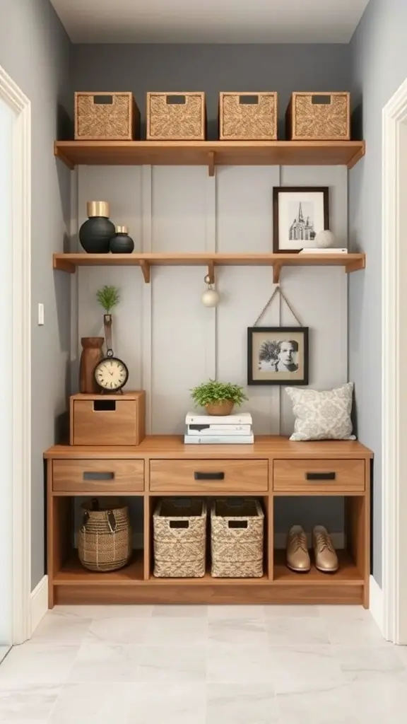 Stylish mudroom cabinet with wooden shelves, woven baskets, and decorative items.