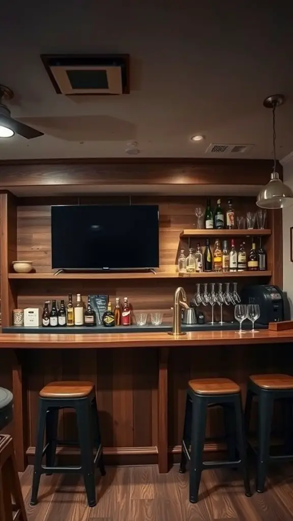 A cozy basement bar with a TV, wooden shelves, and a variety of drinks.