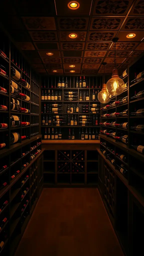 A stylish wine cellar bar with dark wood shelves filled with wine bottles and warm lighting.