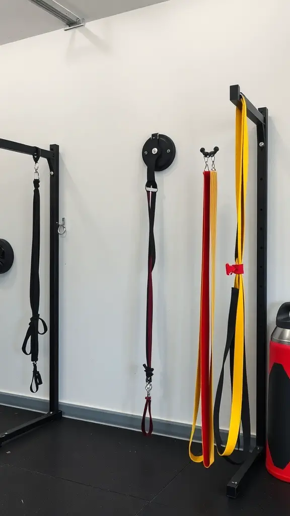 27+ Inspiring Half Garage Gym Ideas for Your Home Workout Space 2 A wall-mounted setup for resistance bands in a garage gym, featuring various colored bands and a storage rack.