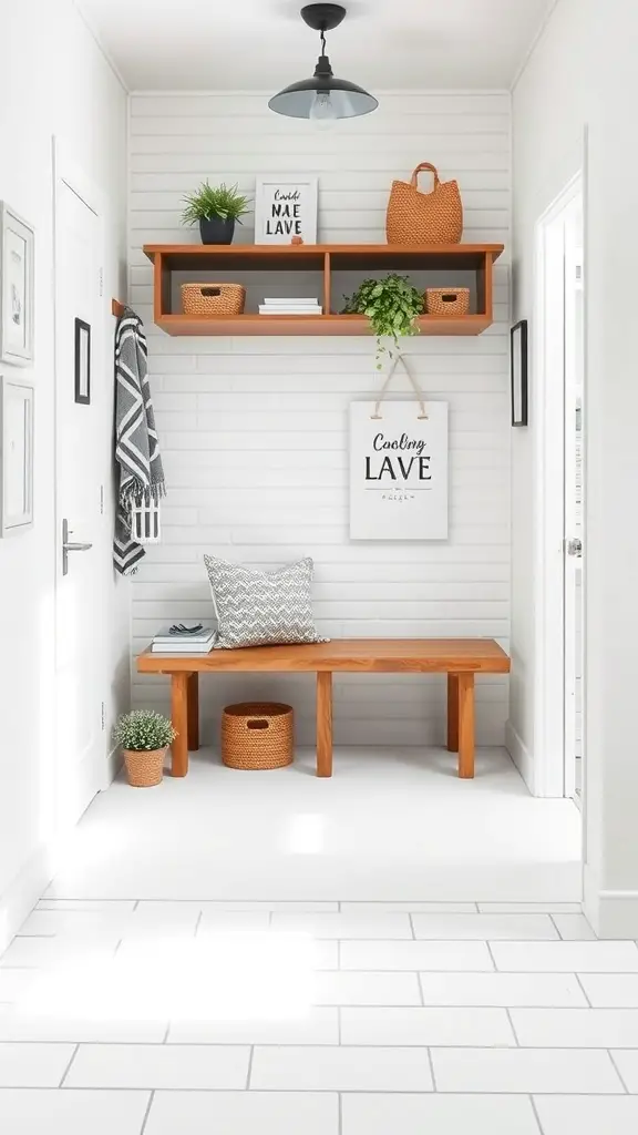 25+ Stylish Mudroom Tile Floor Ideas You’ll Love 9 Mudroom featuring white subway tile floor, wooden bench, and decorative elements.