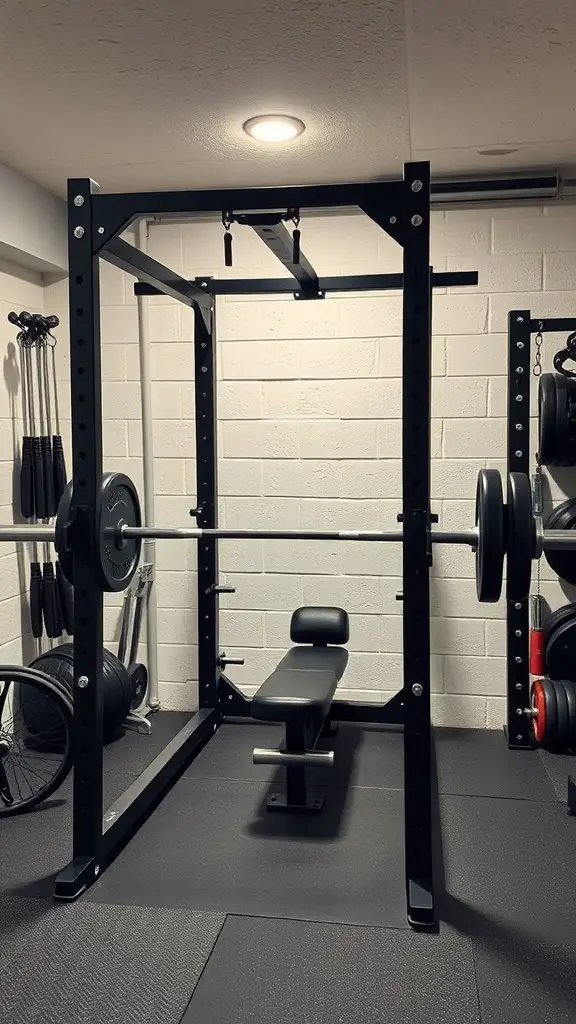 A basement gym featuring a squat rack and a bench, showcasing multi-functional workout equipment.