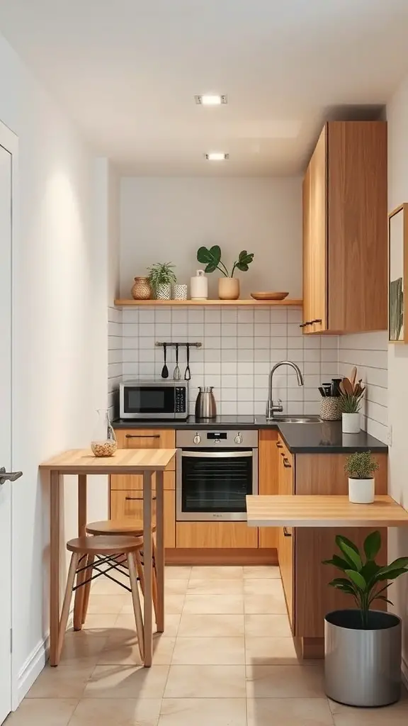 A compact basement kitchenette featuring wooden cabinetry, a small table, and modern appliances.