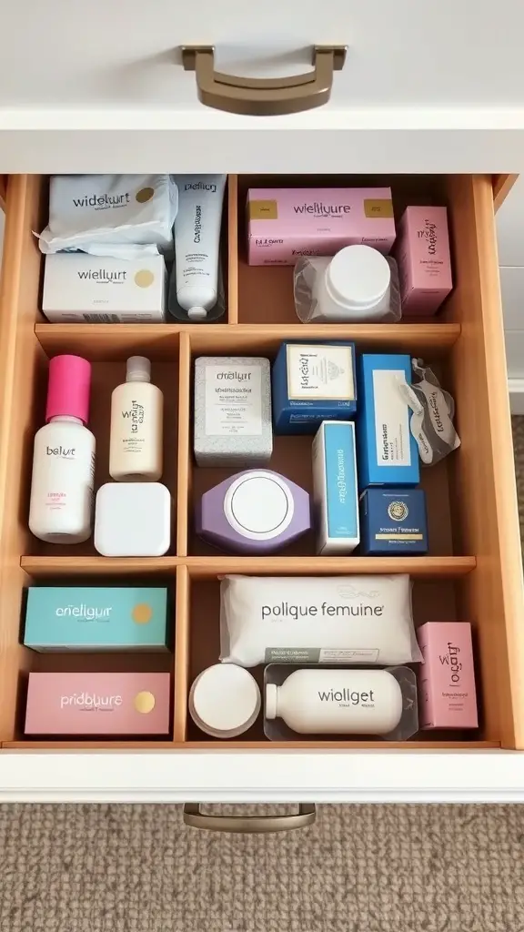 25+ Creative Ways to Store Your Feminine Hygiene Products 9 A neatly organized drawer with feminine hygiene products separated by dividers.