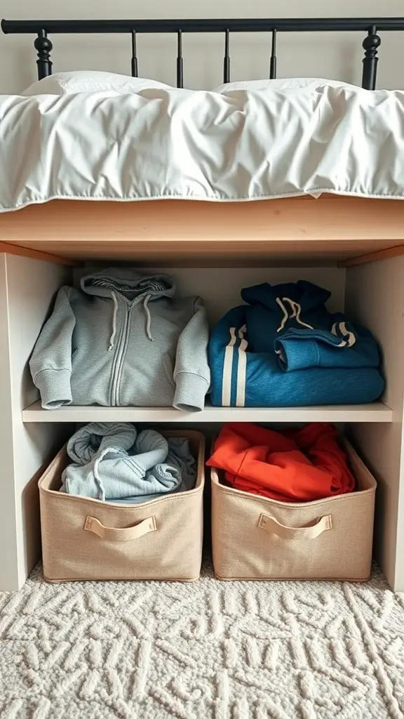 Under-bed storage bins filled with hoodies, showcasing a tidy organization method.