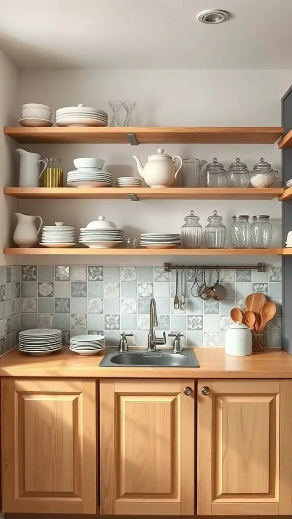 A kitchenette with open wooden shelves displaying plates, glasses, and jars, complemented by a stylish backsplash.