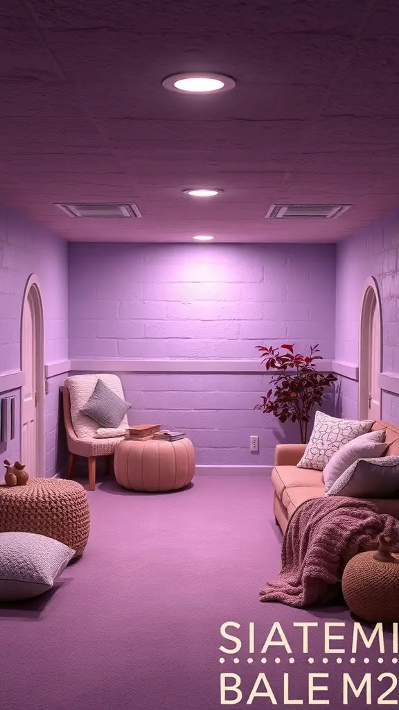 A cozy basement painted in muted lavender with soft furniture and warm lighting.