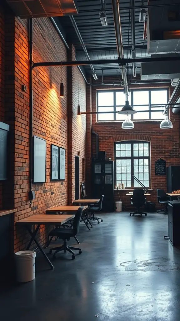 An industrial-style office with exposed brick walls, large windows, and minimalist furniture.