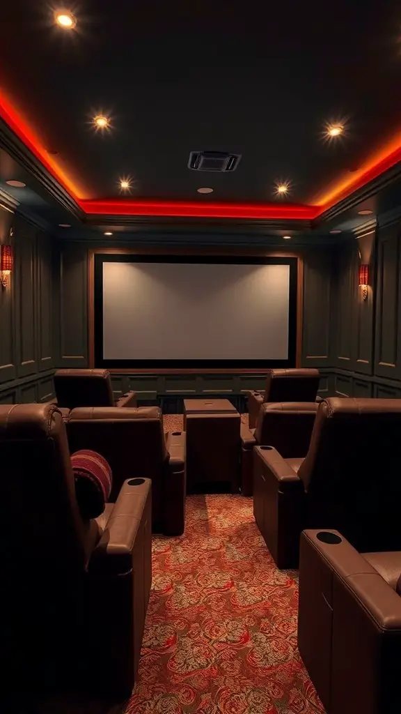 Cozy home theater setup with recliners and a large screen