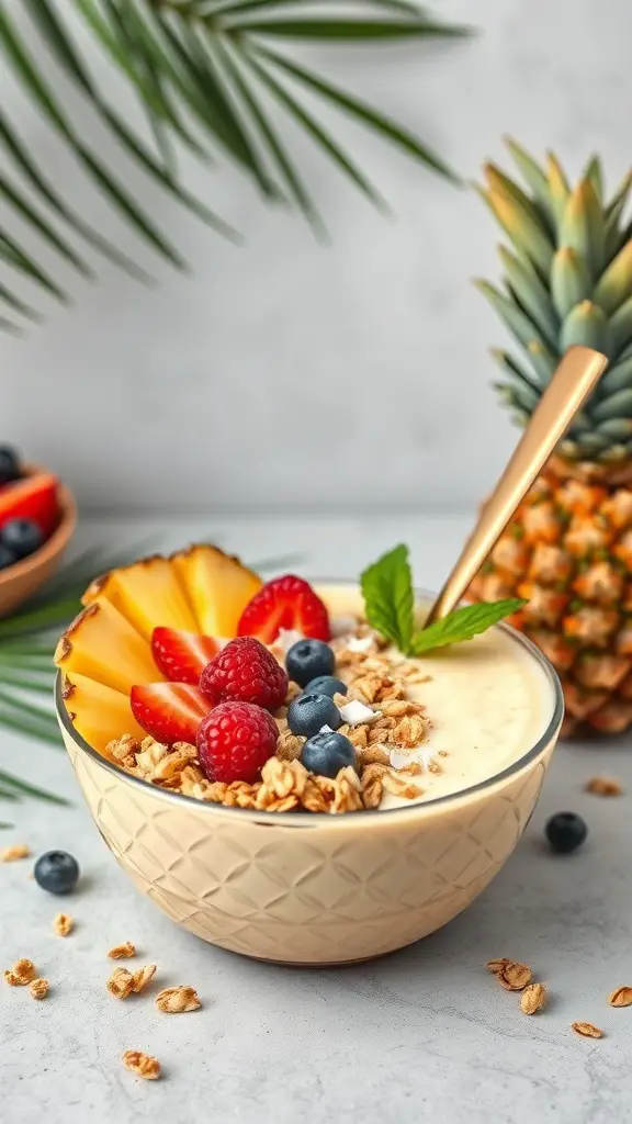 A vibrant Pineapple Coconut Smoothie Bowl topped with fruits and granola.