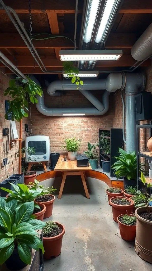 25+ Budget-Friendly Unfinished Basement Ideas to Transform Your Space 14 Indoor garden space in a basement with various plants and a wooden table.