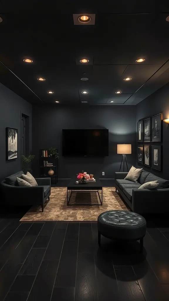 A modern basement with rich charcoal walls, stylish furniture, and soft lighting.