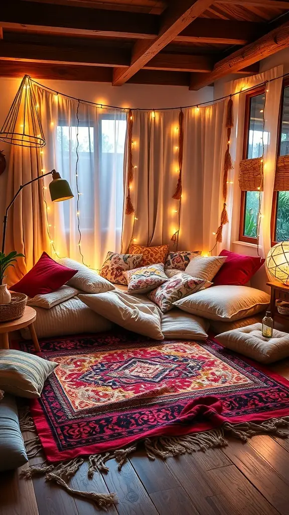 25+ Inspired Floor Bed Ideas for a Cozy Bedroom Makeover 9 Cozy bohemian floor bed setup with cushions, a rug, and string lights.