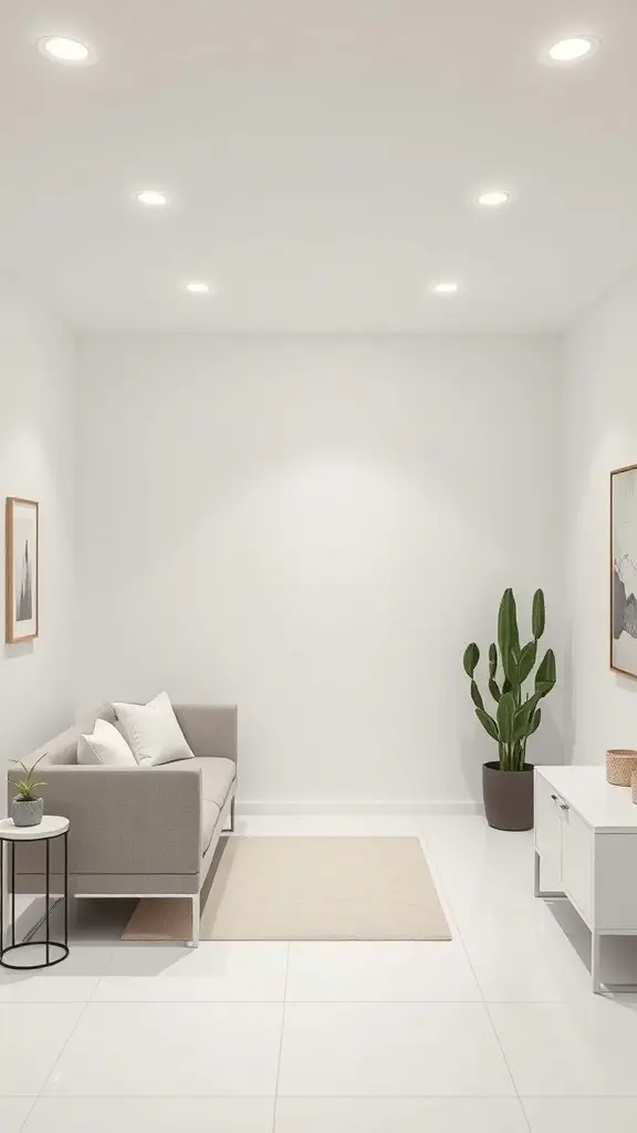 A bright and modern basement with white walls, a gray couch, and a potted plant.