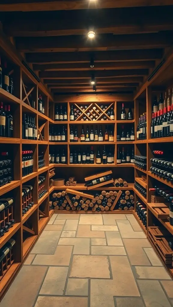 Rustic wine cellar featuring wooden shelves filled with wine bottles and stacked wooden logs.