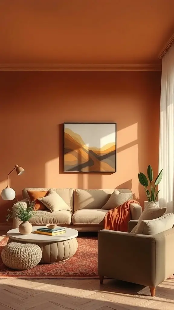 27+ Earthy Living Room Ideas with 15 Must-Have Items 7 A warm and inviting living room with earthy tones, featuring a beige sofa, round coffee table, and a potted plant.