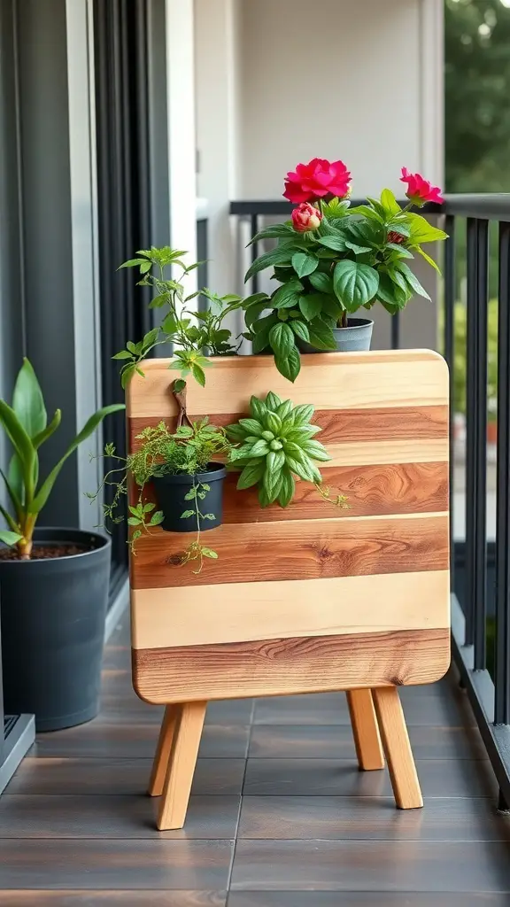 23+ Creative Dollar Tree Cutting Board Crafts You Can Make 5 Upcycled cutting board plant stand with colorful flowers and greenery