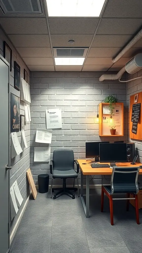 27+ Inspiring Basement Office Ideas for Ultimate Productivity 2 A cozy basement office with a desk, two monitors, and papers on the walls.