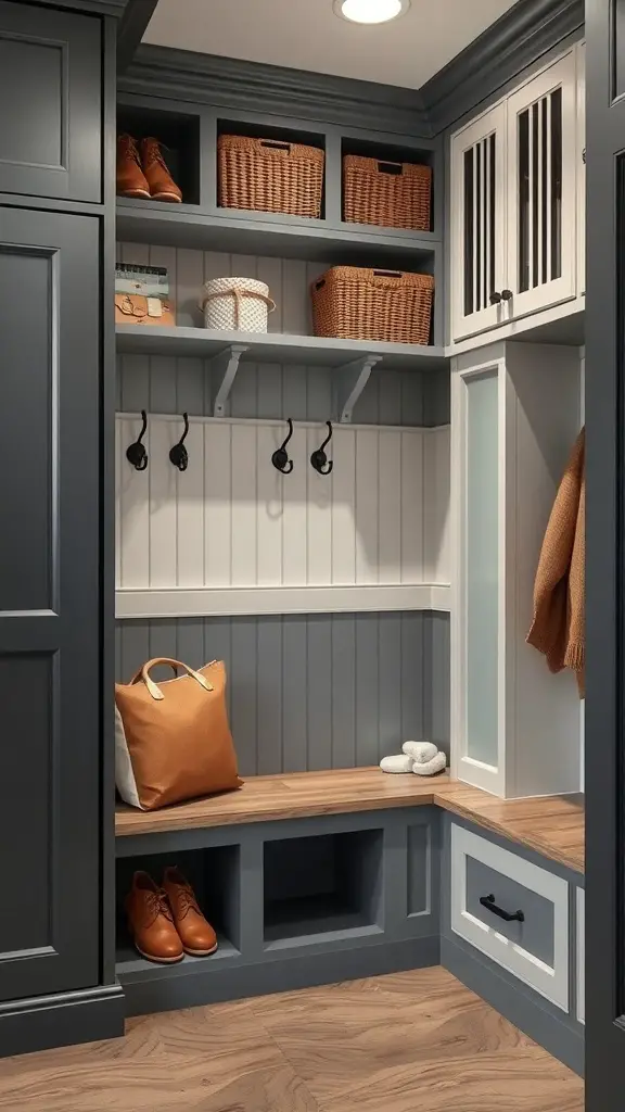 A stylish mudroom locker featuring shelves, hooks, and a bench for storage and organization.