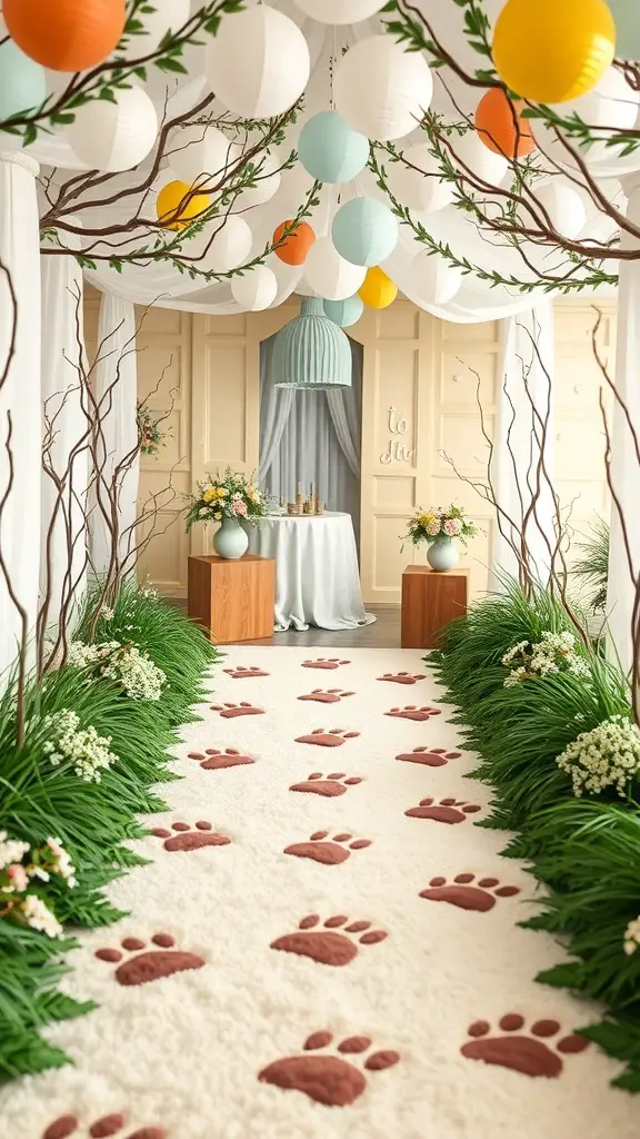 27+ Adorable Bear Baby Shower Ideas for the Perfect Celebration 2 Decorative setup with bear paw prints on carpet, greenery, and colorful lanterns.