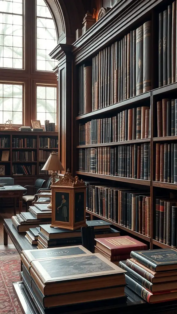 29+ Stunning Ralph Lauren Library Designs You’ll Love 2 A cozy library with shelves of leather-bound books and a framed portrait on a table.