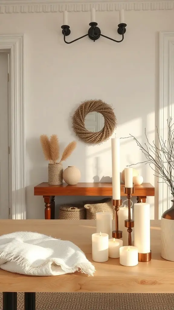 25+ Stunning Entryway Table Decor Ideas You’ll Love 14 A cozy entryway table decorated with candles, a vase of dried flowers, and a decorative wreath on the wall.