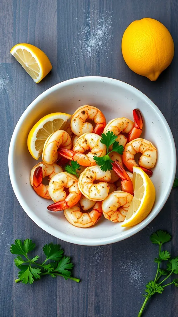 A bowl of garlic Parmesan roasted shrimp with lemon wedges and parsley on a wooden surface.
