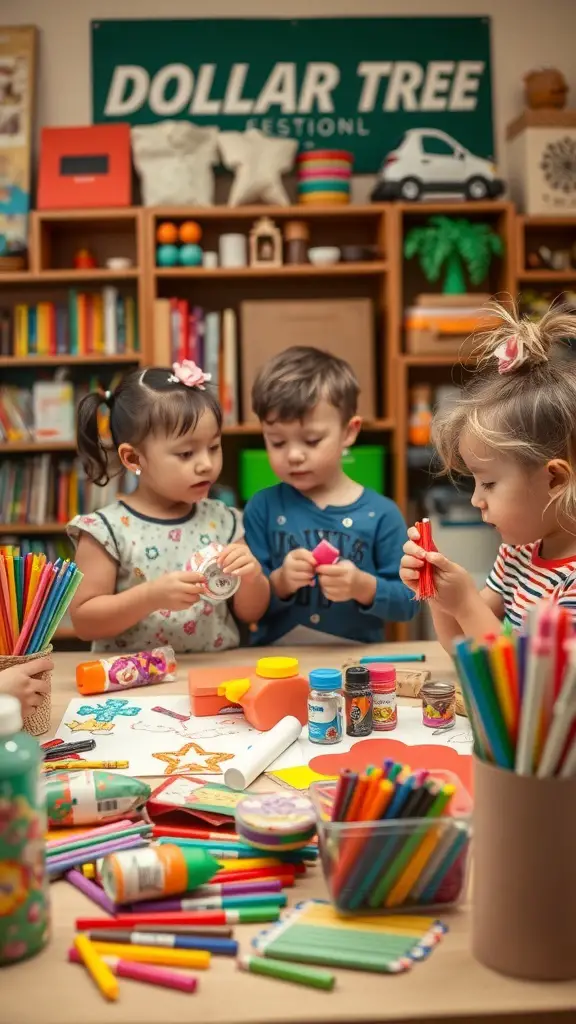 29+ Creative Dollar Tree DIY Crafts You Need to Try 12 Kids engaged in crafting activities with colorful supplies at a Dollar Tree setting.