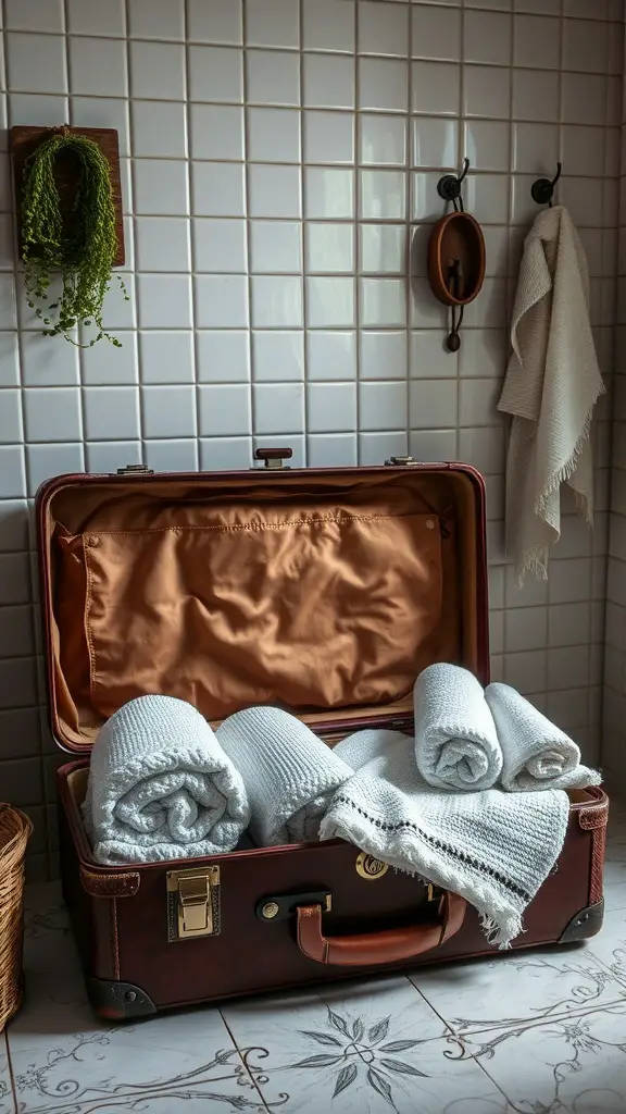 Vintage suitcase used for towel storage in a bathroom