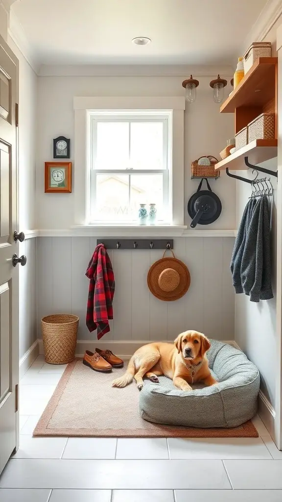 27+ Mudroom Ideas to Elevate Your Space 2 A cozy mudroom featuring a dog bed, storage shelves, and a window, designed for pet-friendly use.
