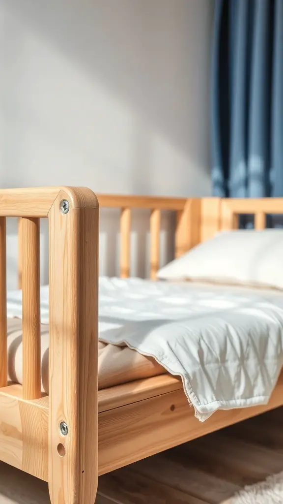 25+ Stylish Montessori Beds for a Dreamy Sleep Space 2 A wooden Montessori bed with rounded edges and a soft blanket.